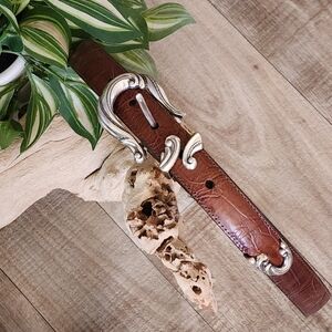BRIGHTON Allegro Brown Leather Belt w/a Silvertone Scrolled Buckle Set Size M